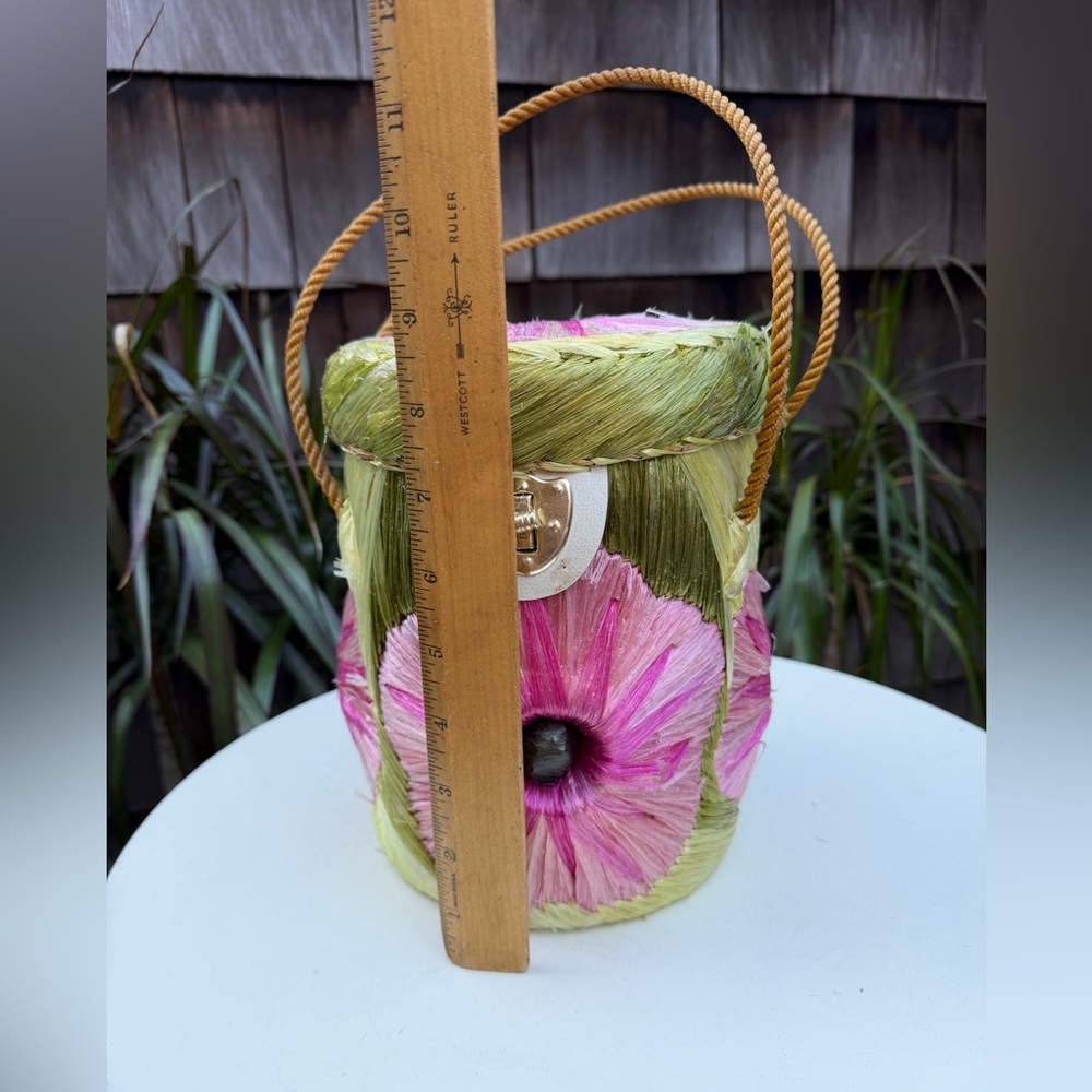 Vintage boho basket tote tall bag floral straw handles pink greens - Picture 2 of 10